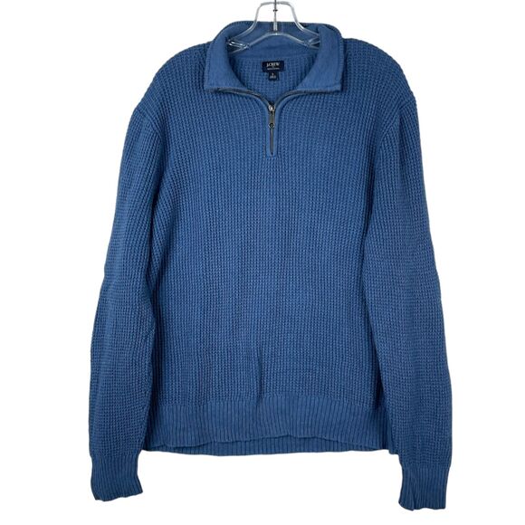 J. Crew Men's Sweater Waffle Knit 1/4 Zip Large Pullover Blue Cotton Casual Warm - Picture 1 of 8